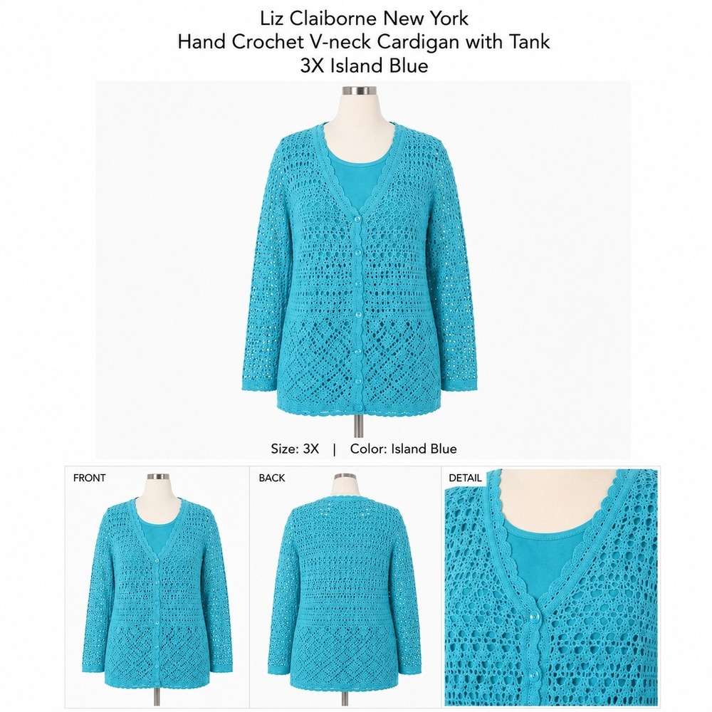 Liz Claiborne New York Island Blue Hand Crochet V-neck Cardigan Tank Set 3X Plus